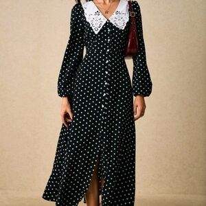 Polka Dot Button-Front Midi Dress With Lace Peter Pan Collar–Long Sleeve Vintage